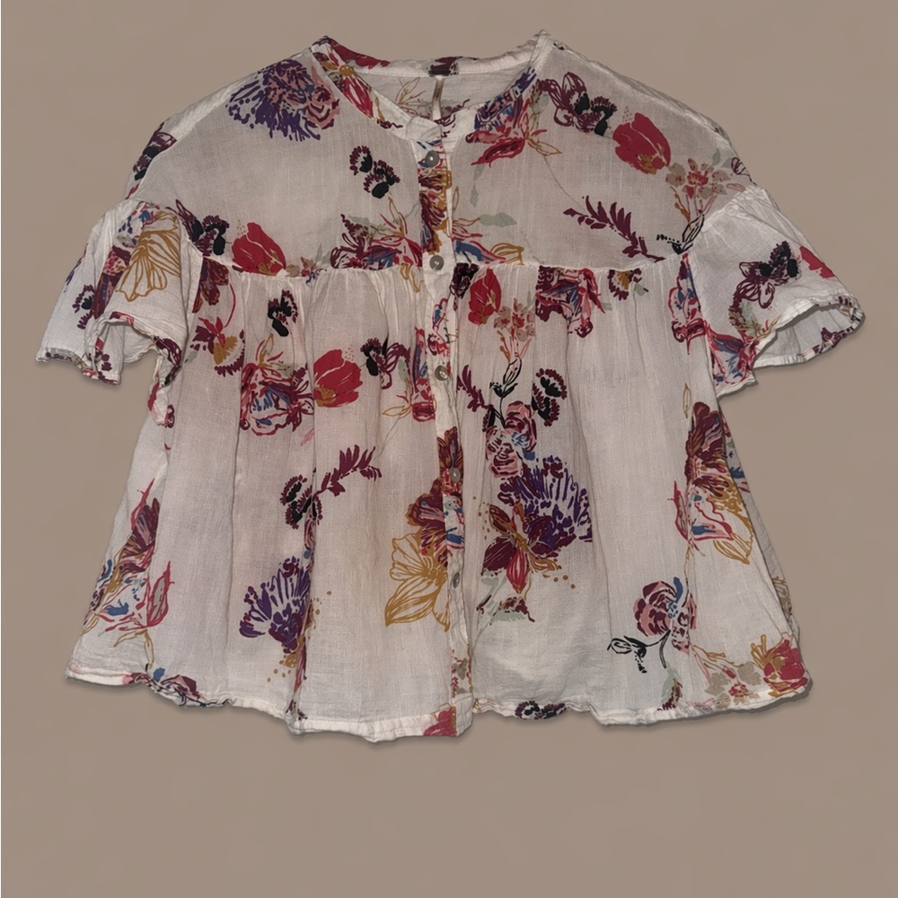✨ Free People Sweet Escape Floral Gauze Cotton Blouse Boho Flutter Sleeve Top - Picture 2 of 15